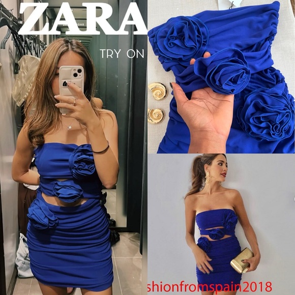 Zara NWT 3D Blue flower appliqué mini ruched strapless dress with cutout details - Picture 1 of 16